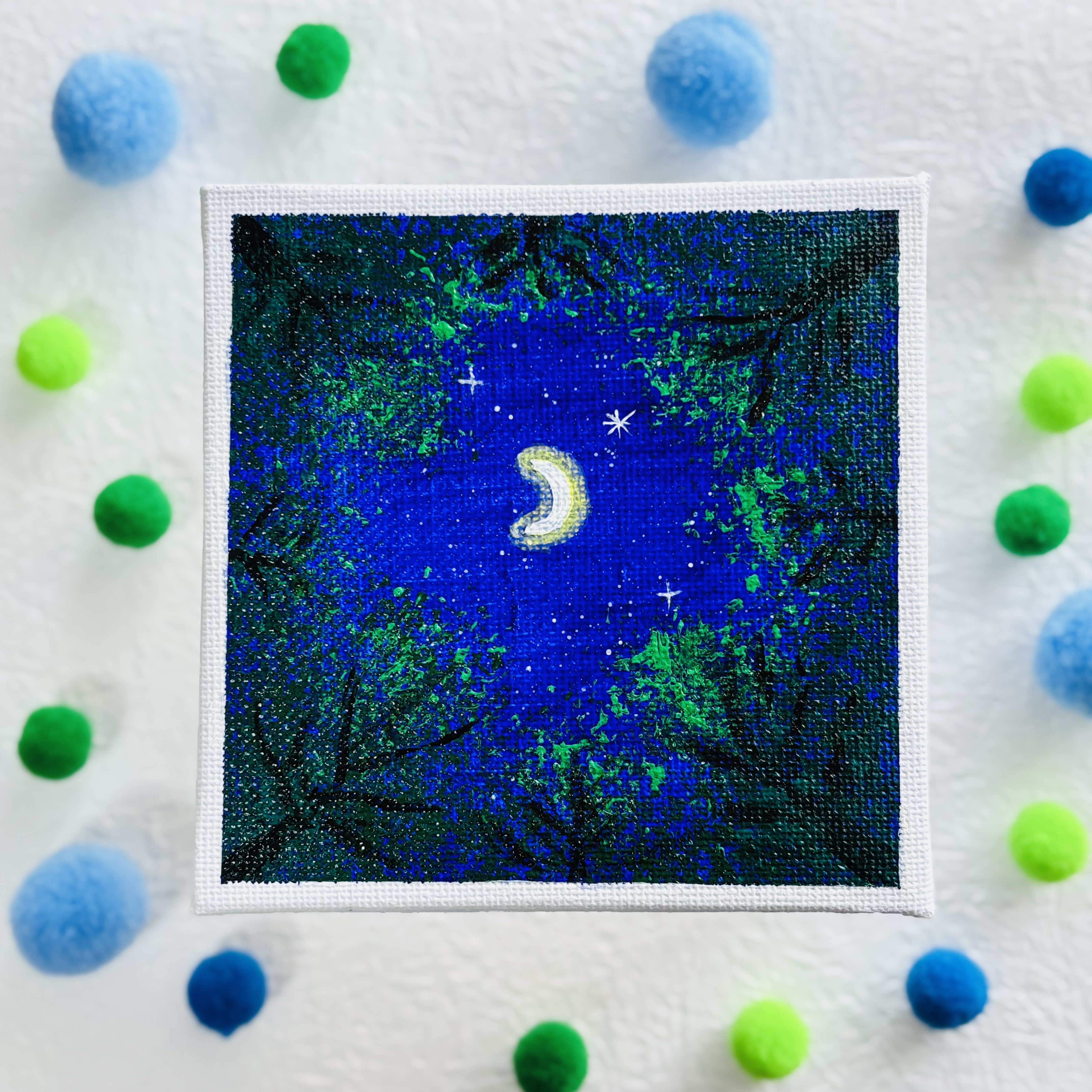 10cm】夜空 月 森 キャンバスアート カラフル アクリル絵の具