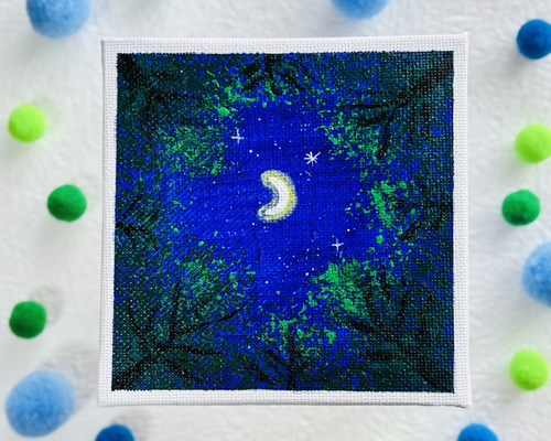 10cm】夜空 月 森 キャンバスアート カラフル アクリル絵の具 ※運気