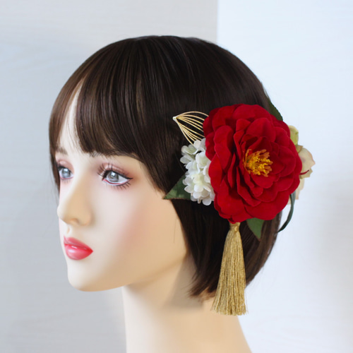 浴衣に＊ショートヘアからロングまでOK＊簡単着脱＊赤椿と水引の