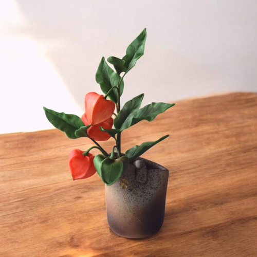 ◇粘土のお花◇ ホオズキ（鬼灯）【花瓶 信楽焼】・・・H1253 アート