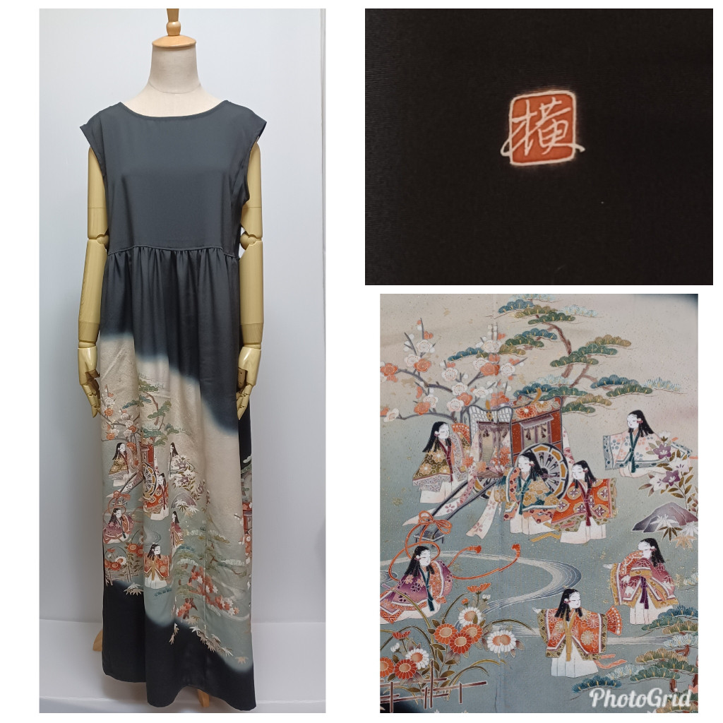 着物リメイク　留袖　落款有り　M～L　平安　童柄　ウエスト切り替え　ノースリーブワンピース