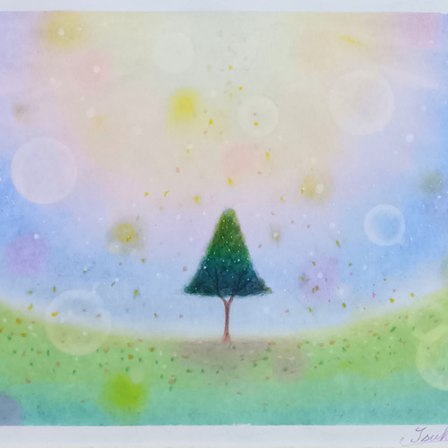 A4】パステルアート 彩の空と希望の木 パステル画原画 絵画 T's Arts