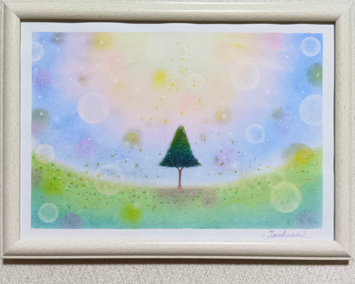 パステル画（原画）空。 A4】パステルアート 彩の空と希望の木 パステル画原画 絵画 T's