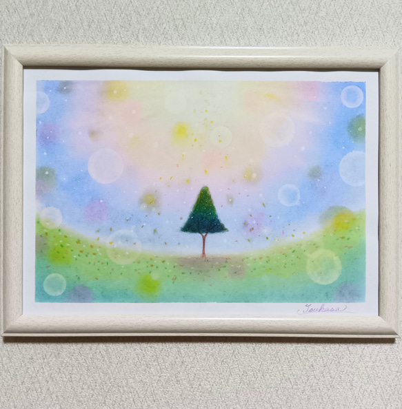 パステル画（原画）空。 A4】パステルアート 彩の空と希望の木 パステル画原画 絵画 T's