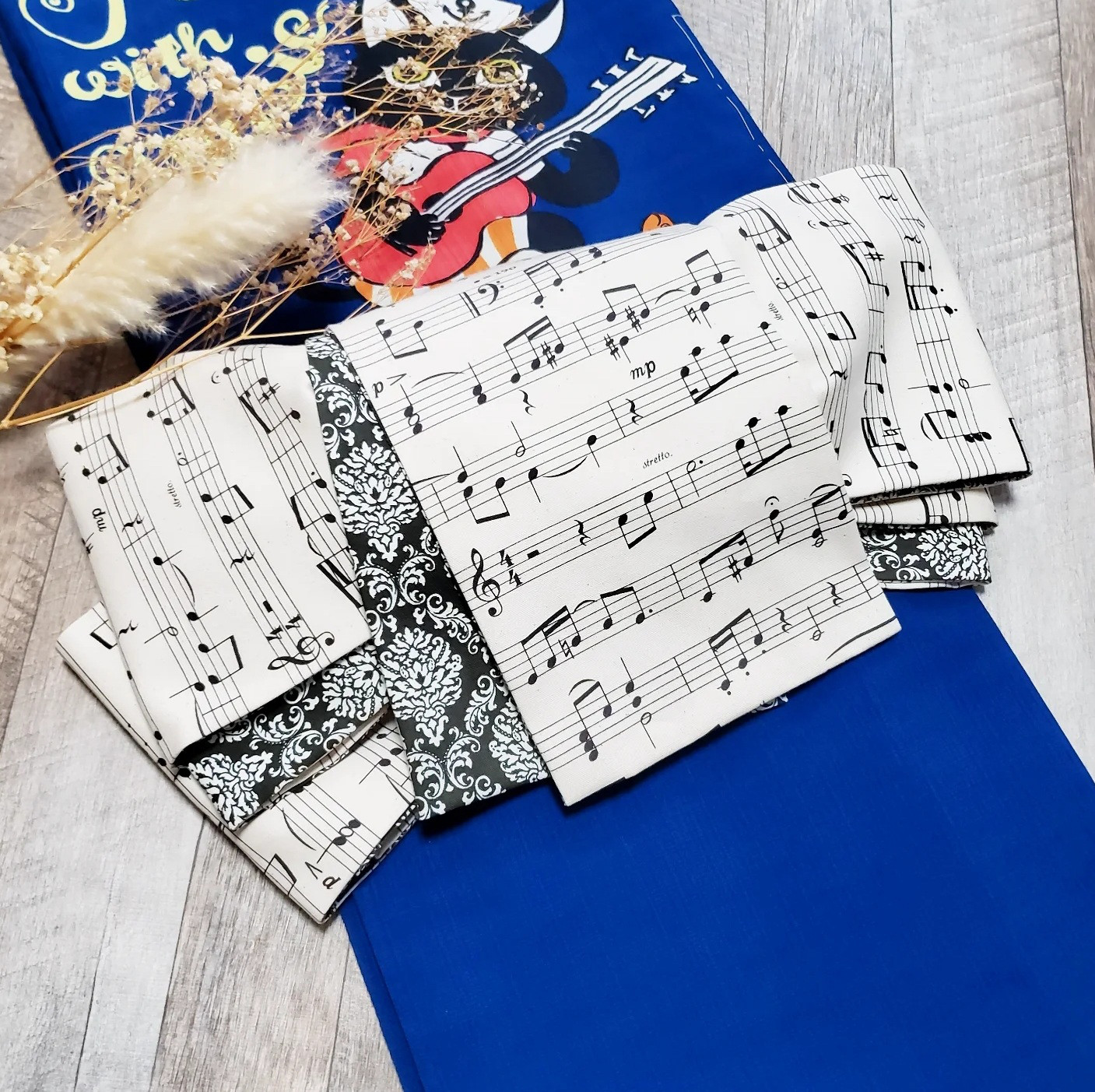 【半幅帯】オックスの楽譜デザインとダマスクチャコールグレー / 着物 和装 浴衣 帯 音楽 音符