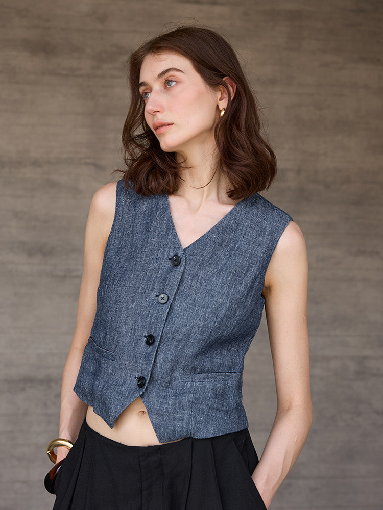 【亜麻100%】プレミアムVネック 先染めリネンベスト 夏 フレンチテイスト 重ね着 大人カジュアル 立体仕立て