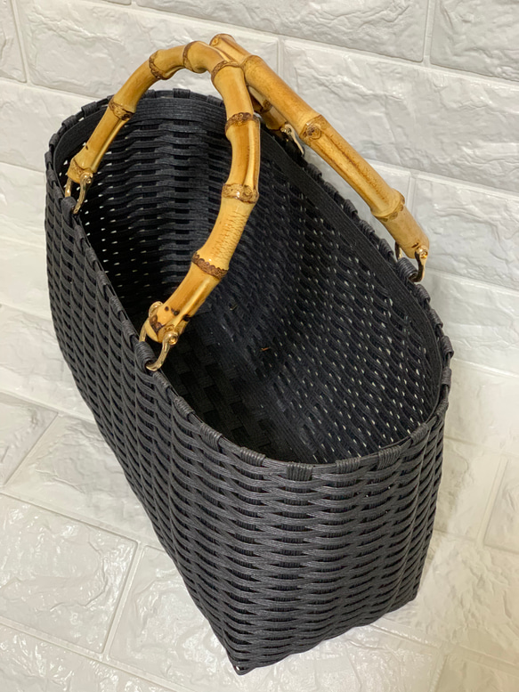 新作♬︎♡バンブーハンドルがオシャレ シンプル 大人可愛いブラックのカゴバッグ お出かけお買い物 浴衣 お着物にも♡ 5枚目の画像