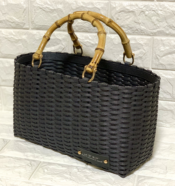 新作♬︎♡バンブーハンドルがオシャレ シンプル 大人可愛いブラックのカゴバッグ お出かけお買い物 浴衣 お着物にも♡ 3枚目の画像