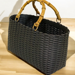 新作♬︎♡バンブーハンドルがオシャレ シンプル 大人可愛いブラックのカゴバッグ お出かけお買い物 浴衣 お着物にも♡ 1枚目の画像