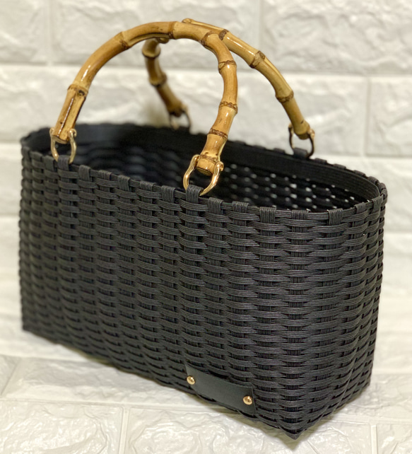 新作♬︎♡バンブーハンドルがオシャレ シンプル 大人可愛いブラックのカゴバッグ お出かけお買い物 浴衣 お着物にも♡ 2枚目の画像