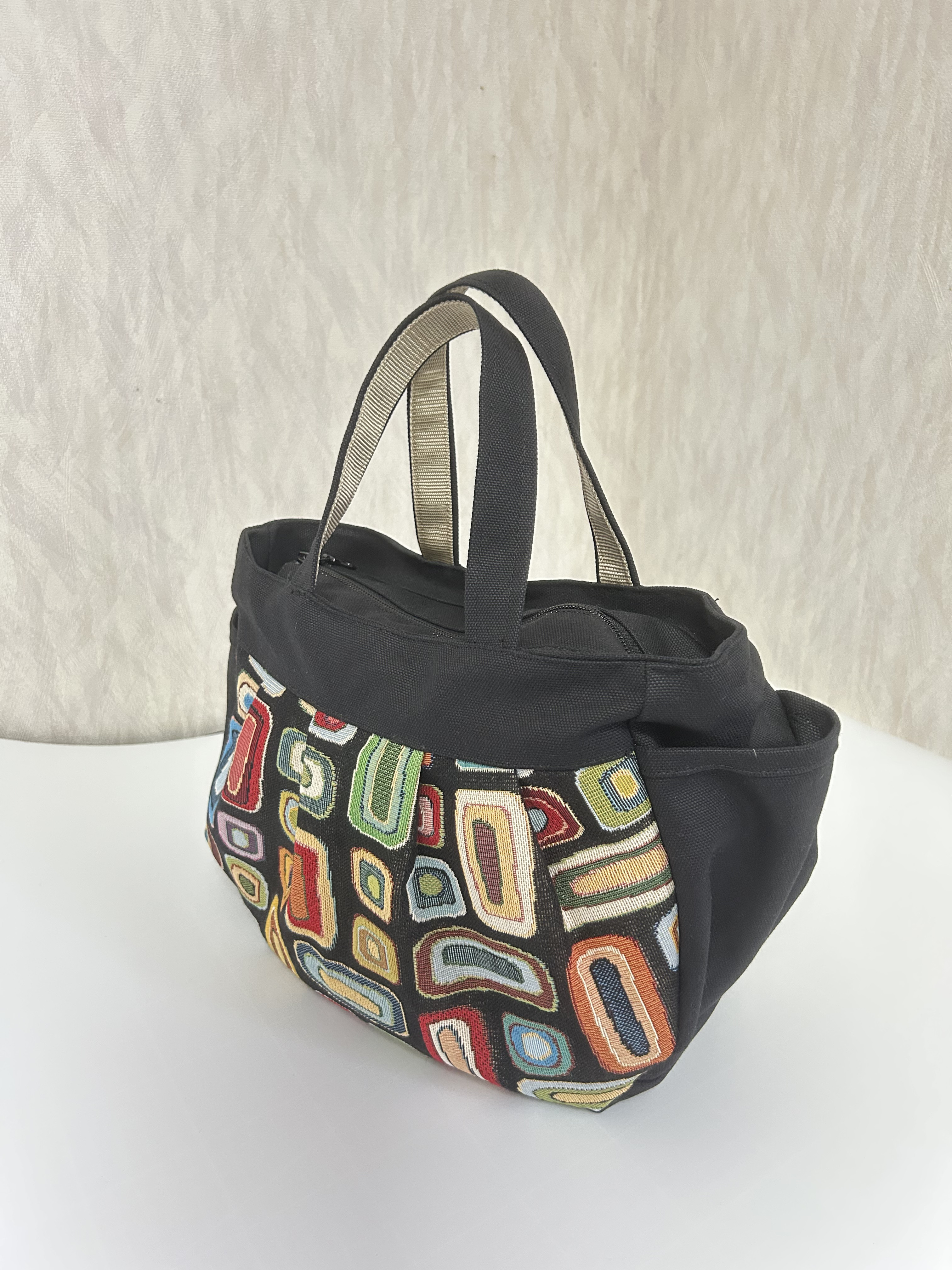 【高品質】ジャガード✖️黒帆布のタック入りトートバック