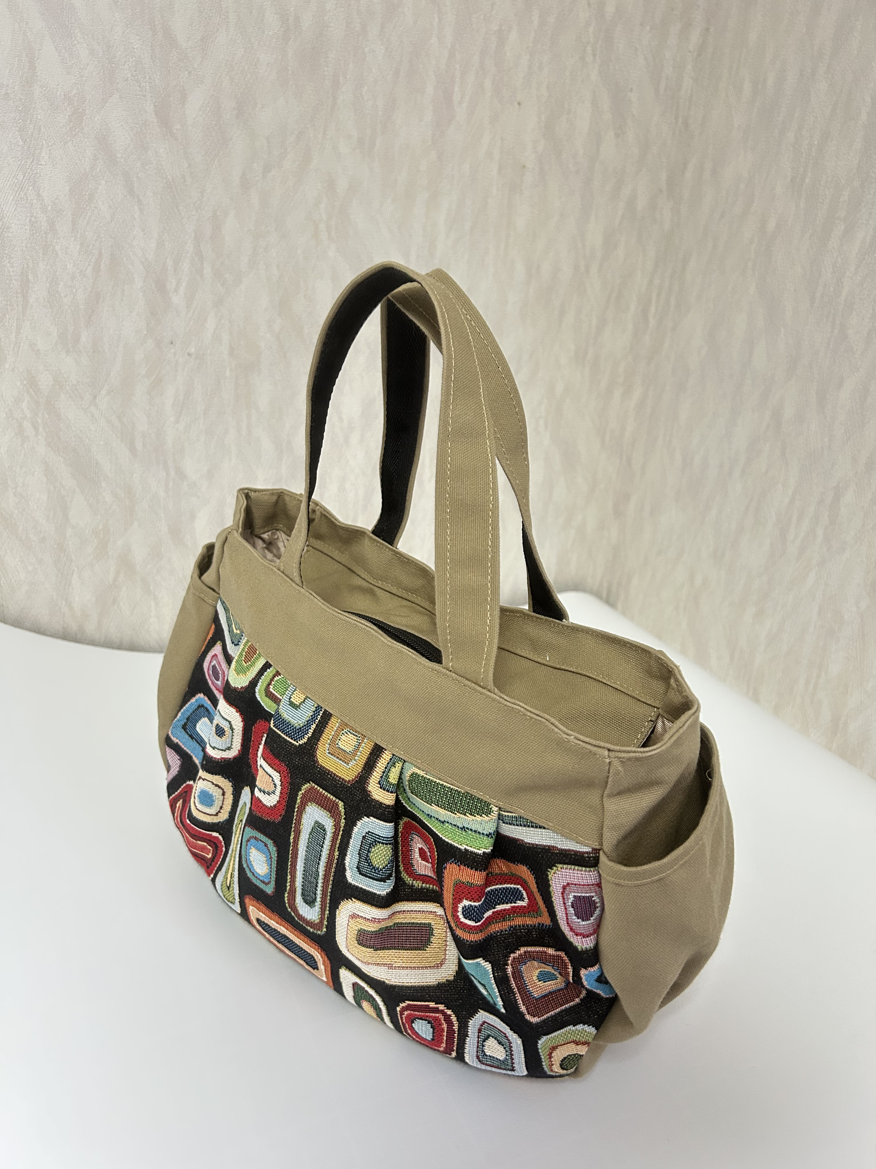 【高品質】ジャガード✖️カーキー帆布のタック入りトートバック