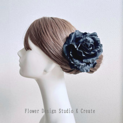 ブルーグリンの薔薇とビジューなダリアのジェイドリボンのコーム