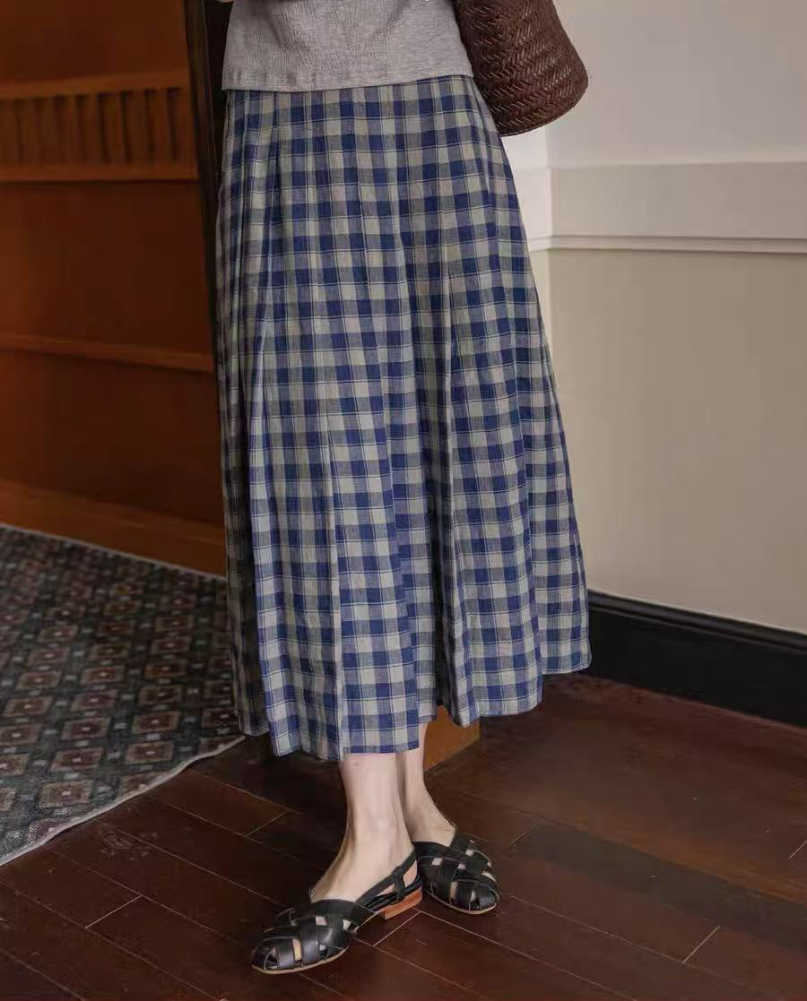 Aライン　チェック柄スカート　ロングスカート　リネンスカート