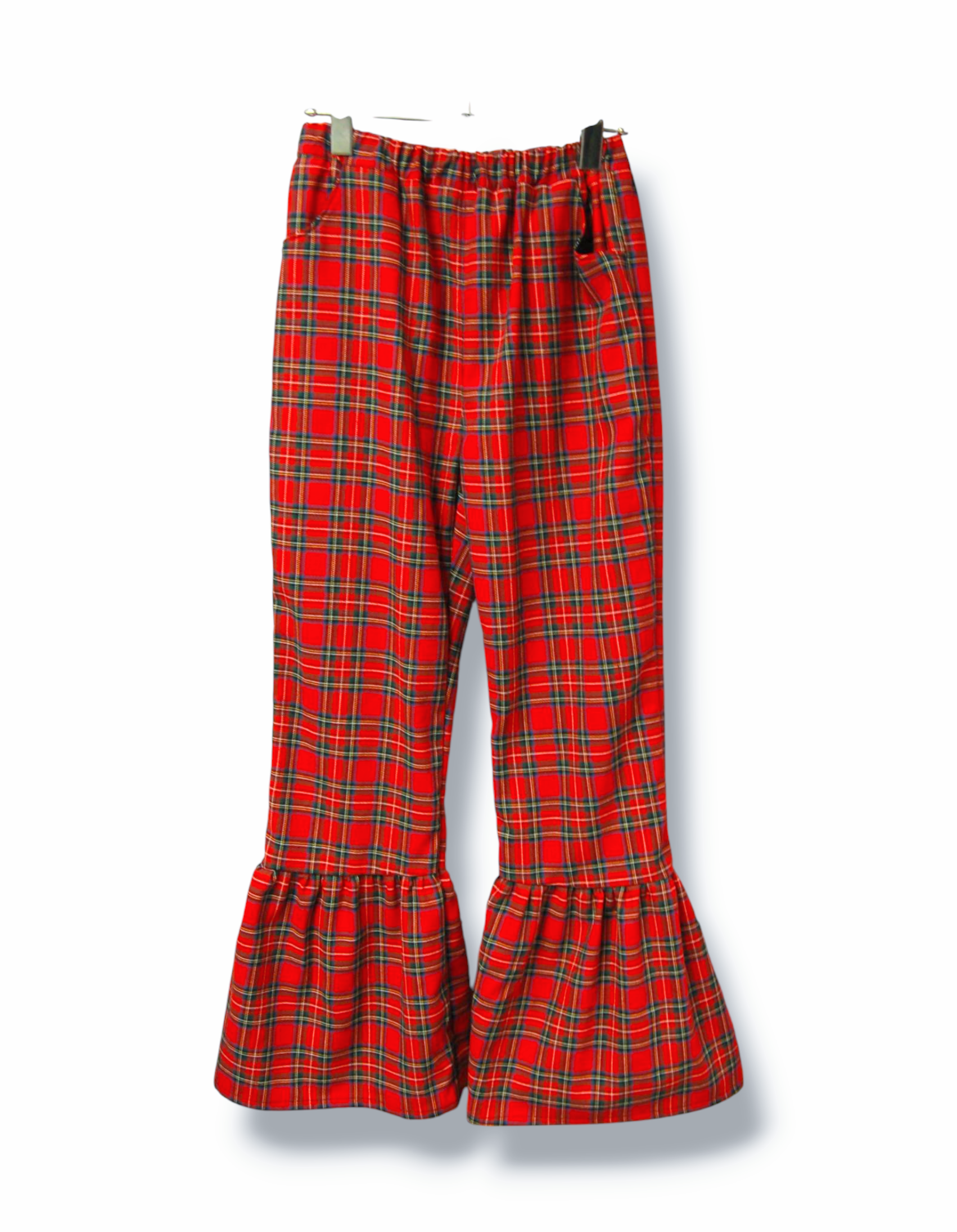 タータンチェック　裾フリルコットンフレアパンツ:レッド