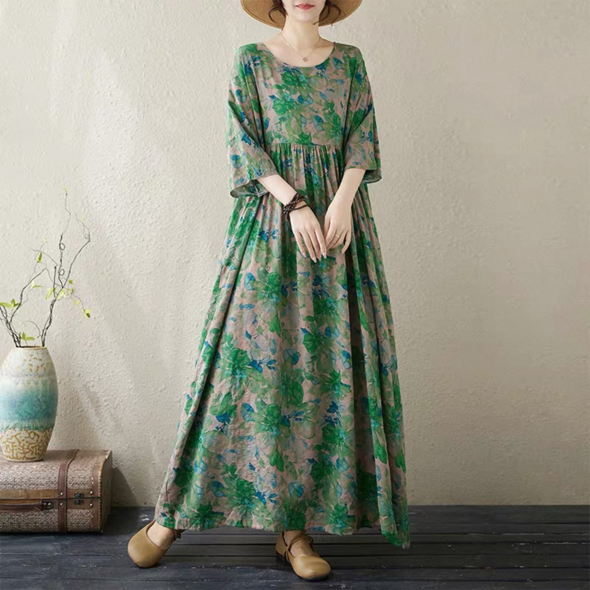 綿麻ワンピース 夏ワンピース 大人カジュアルワンピース  花柄 冷感 受注制作