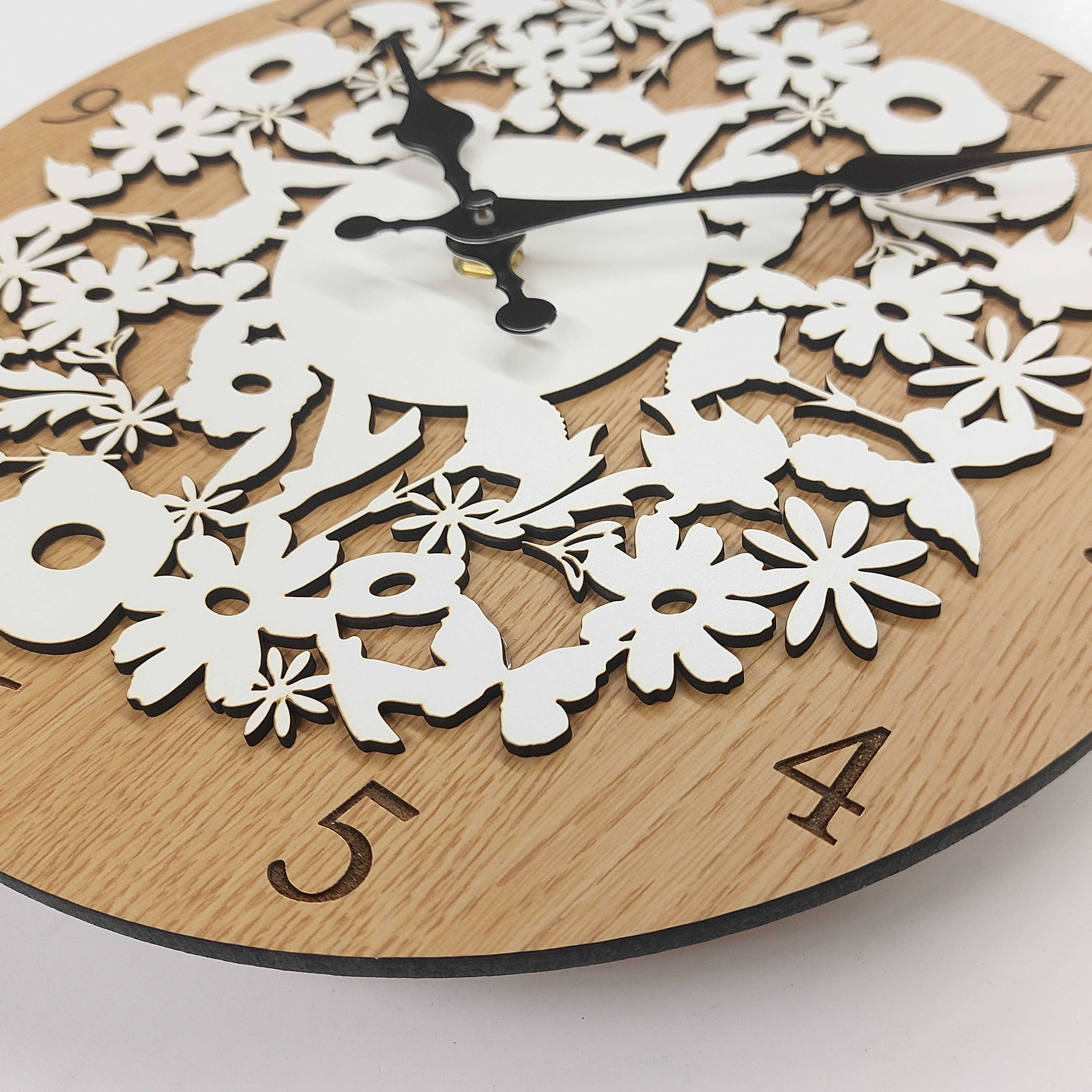 【期間限定値下げ3000円引き】北欧風　森の花柄デザイン木製掛け時計　静音タイプ