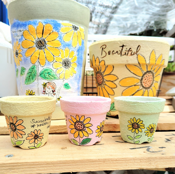手描き　鉢植え　ハンドメイド ひまわり ミニ鉢3個 手描き 多肉植物、サボテン、寄せ植え、ギフト