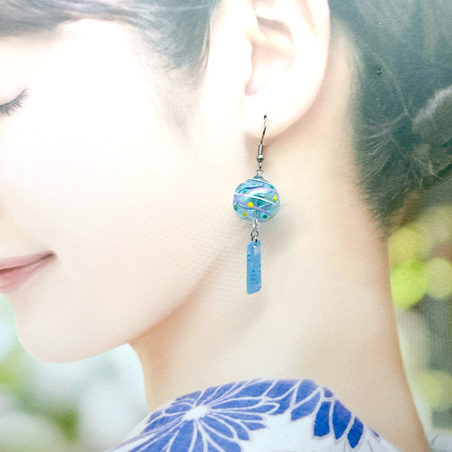 マット　にゃんこ♡風鈴風　ヨーヨー　ピアス/イヤリング✩.*˚ 宵まつり風鈴＜浮玉＞ヨーヨー柄 風鈴ピアス/風鈴イヤリング/水