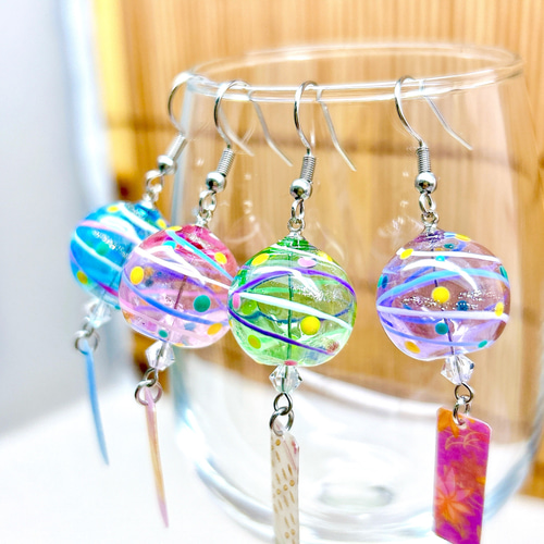 宵まつり風鈴＜浮玉＞ヨーヨー柄 風鈴ピアス/風鈴イヤリング/水風船/夏