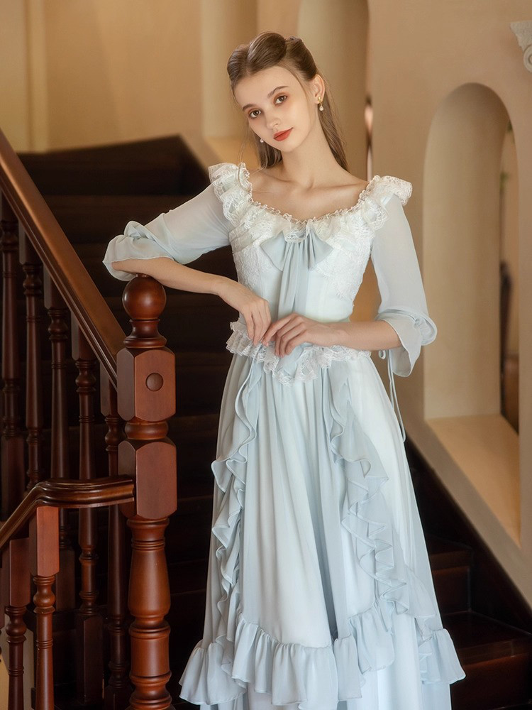 ドレス パーティー 二次会 ワンピース ロング プリンセス レトロ 青 長袖 レース 中世系 中世ヨーロッパ D013