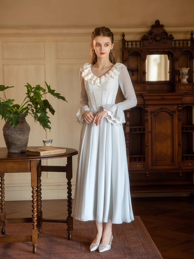 ドレス パーティー 二次会 ワンピース ロング プリンセス レトロ 青 長袖 フリル 中世系 中世ヨーロッパ D014