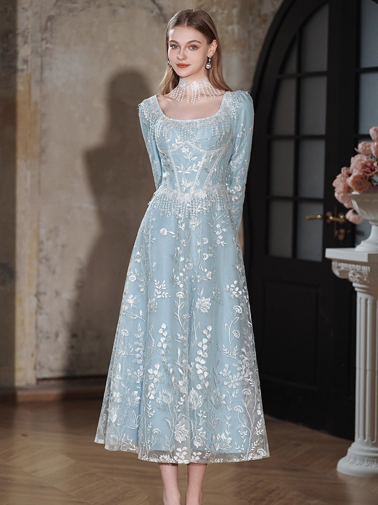 ドレス ウェディングドレス ワンピース ロング プリンセス レトロ 青 長袖 レース 中世系 中世ヨーロッパ D017