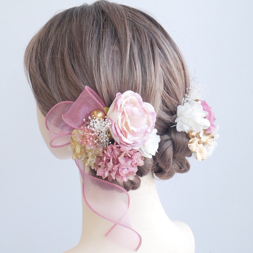 A234 ピンク ツイン ローズ ドライフラワー髪飾り リボン 卒業式 袴