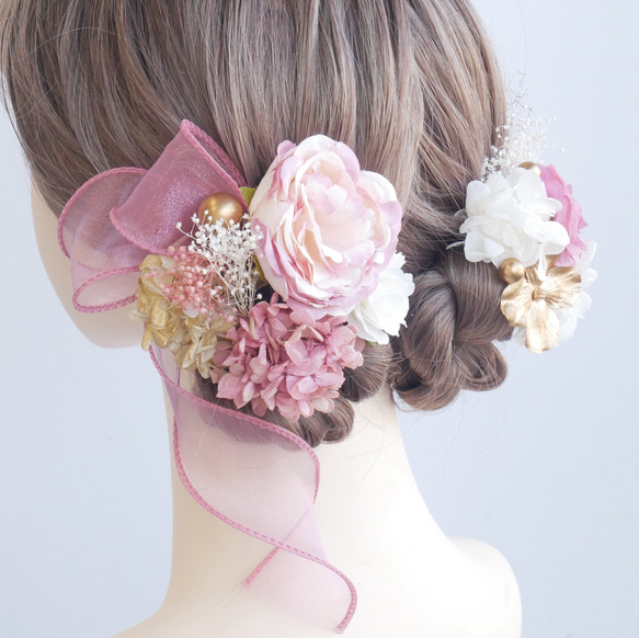 A234 ピンク ツイン ローズ ドライフラワー髪飾り リボン 卒業式 袴
