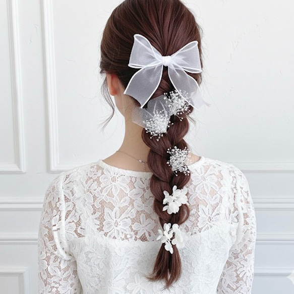 シアーリボン ヘッドアクセサリー オーガンジーリボン 白 花 髪飾り ⑦