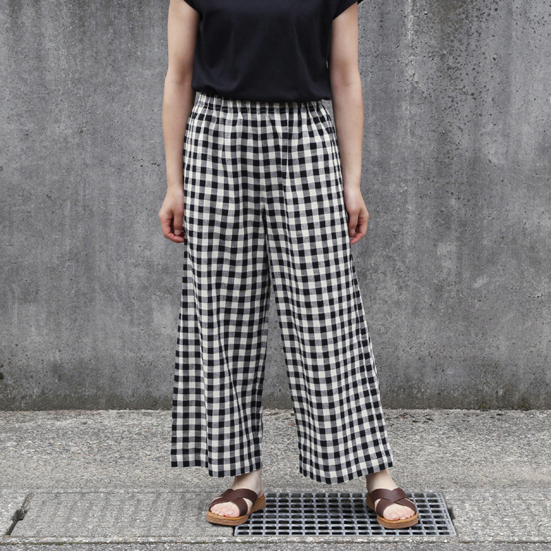 【即納】播州織 綿麻 ワイドイージーパンツ（ギンガムチェック）ポケット リネン 白黒