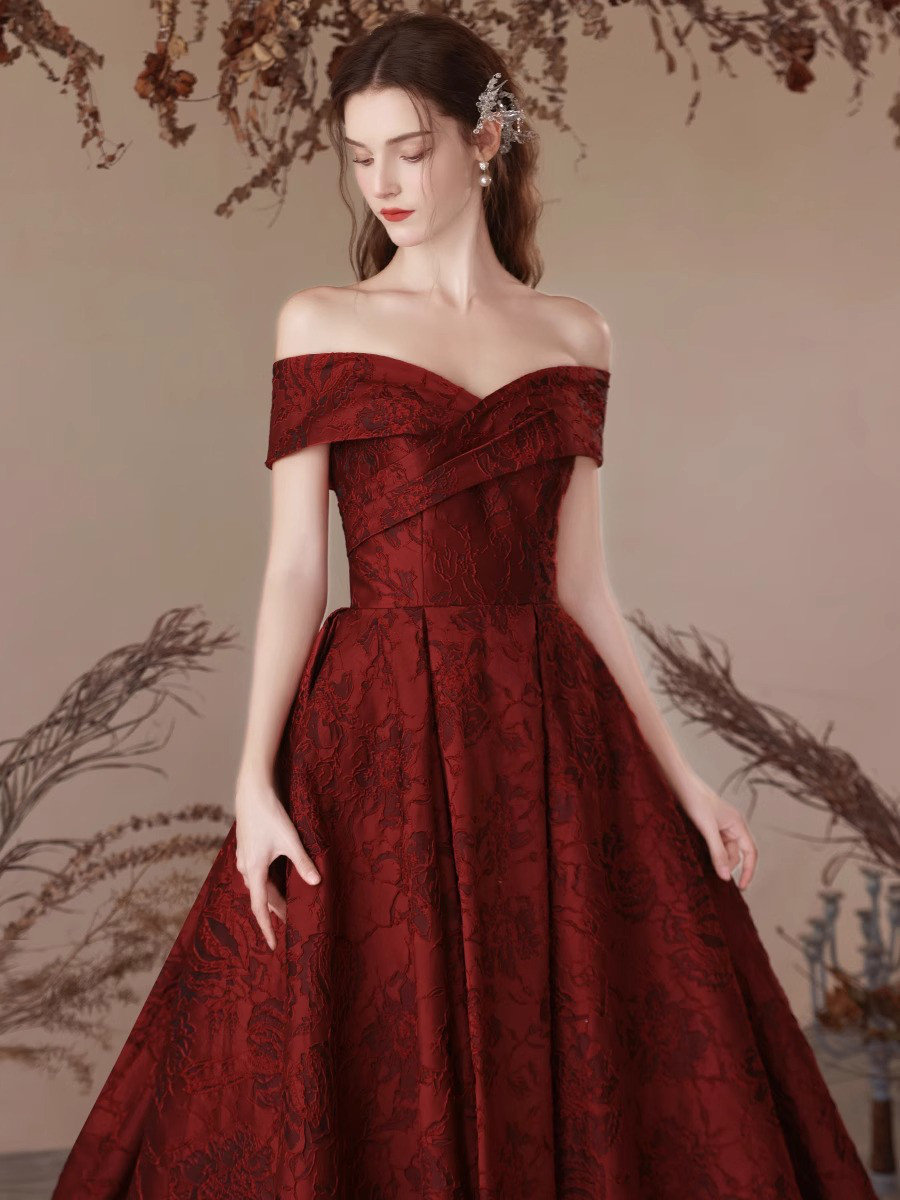 ドレス ウェディングドレス ロングドレス イブニングドレス サテン ワインレッド 赤 上品 韓国風 結婚式 D020