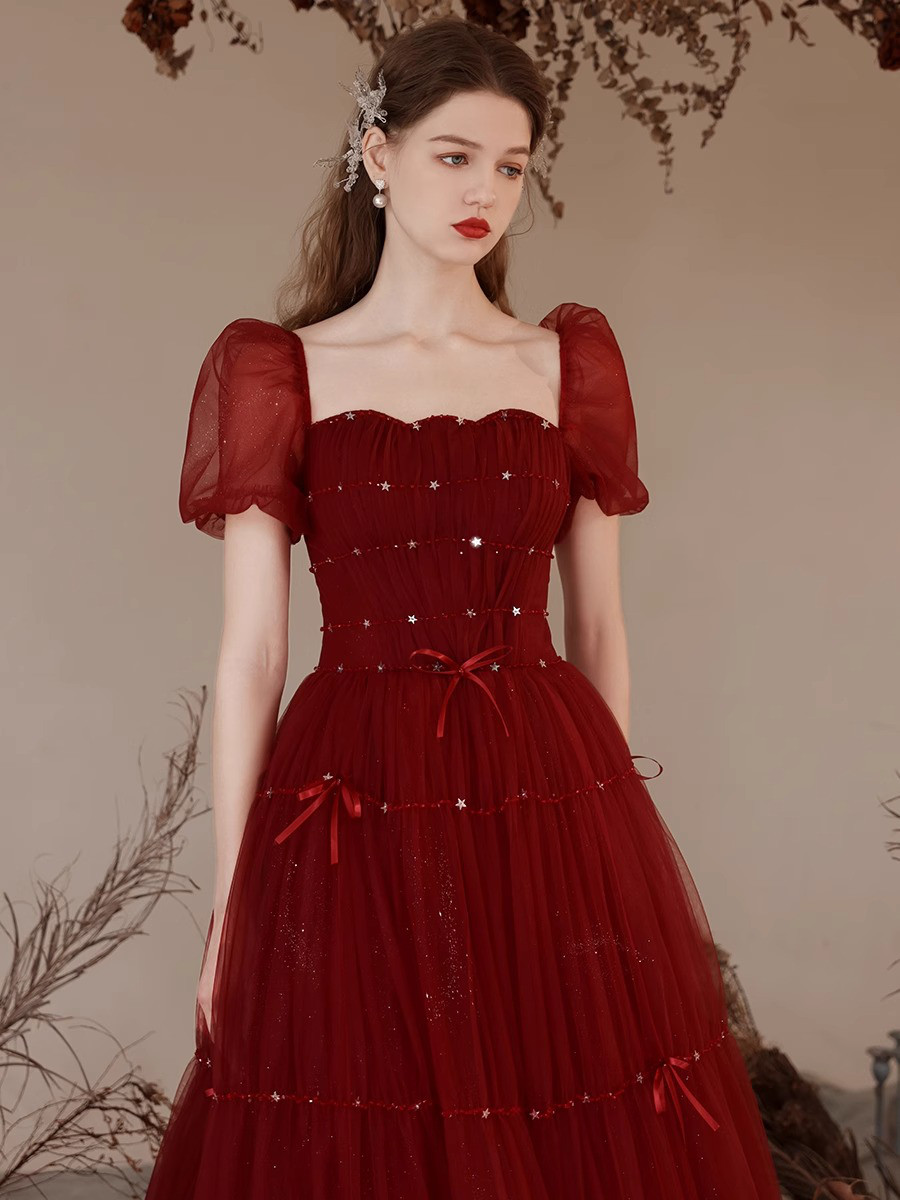 ドレス ウェディングドレス ロングドレス イブニングドレス プリンセス ワインレッド 赤 上品 韓国風 結婚式 D021