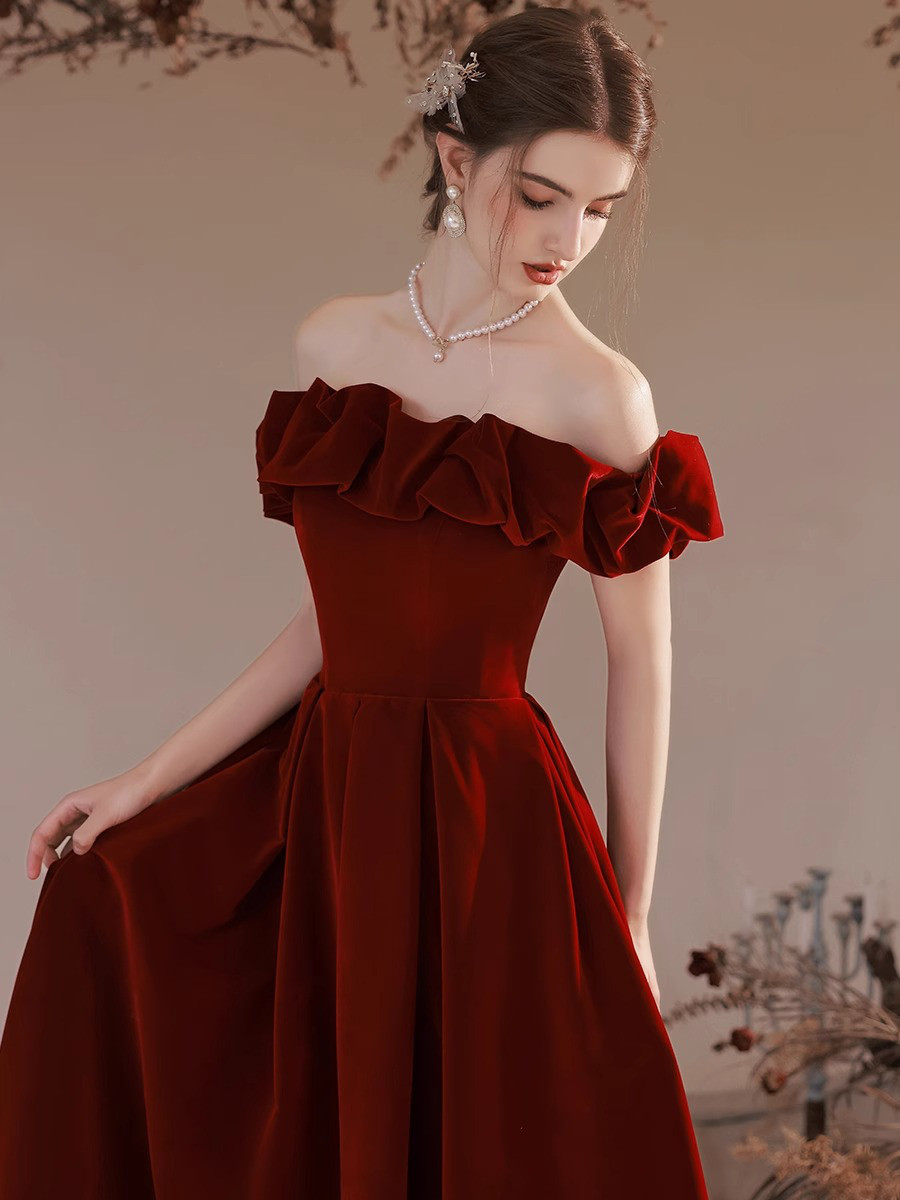 ドレス ウェディングドレス ロングドレス イブニングドレス ベロア ワインレッド 赤 上品 韓国風 結婚式 D025