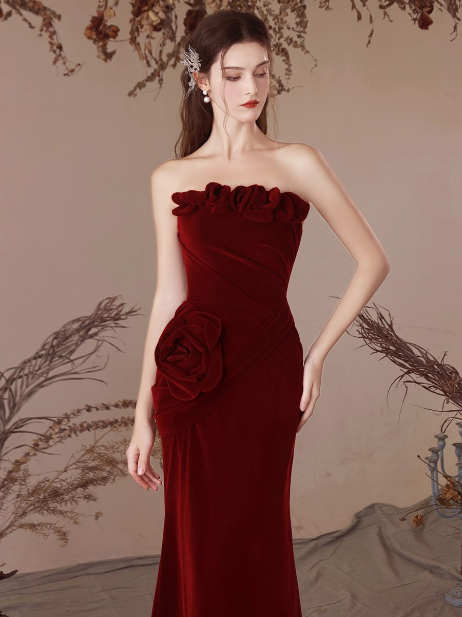 ドレス ウェディングドレス ロングドレス イブニングドレス ベロア 薔薇 ワインレッド 赤 上品 韓国風 結婚式D032