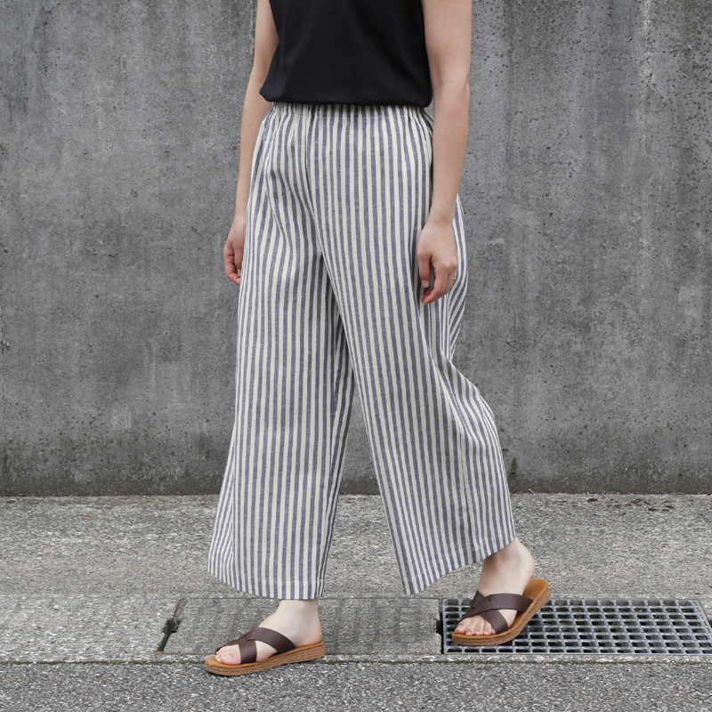 【即納】播州織 綿麻 ワイドイージーパンツ（ストライプ）ポケット リネン 麻 紺 ネイビー