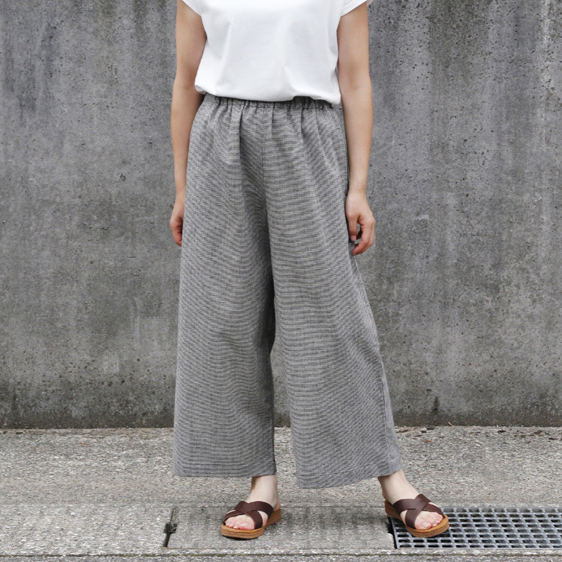 【即納】播州織 綿麻 ワイドイージーパンツ（千鳥格子）ポケット リネン 麻 チェック