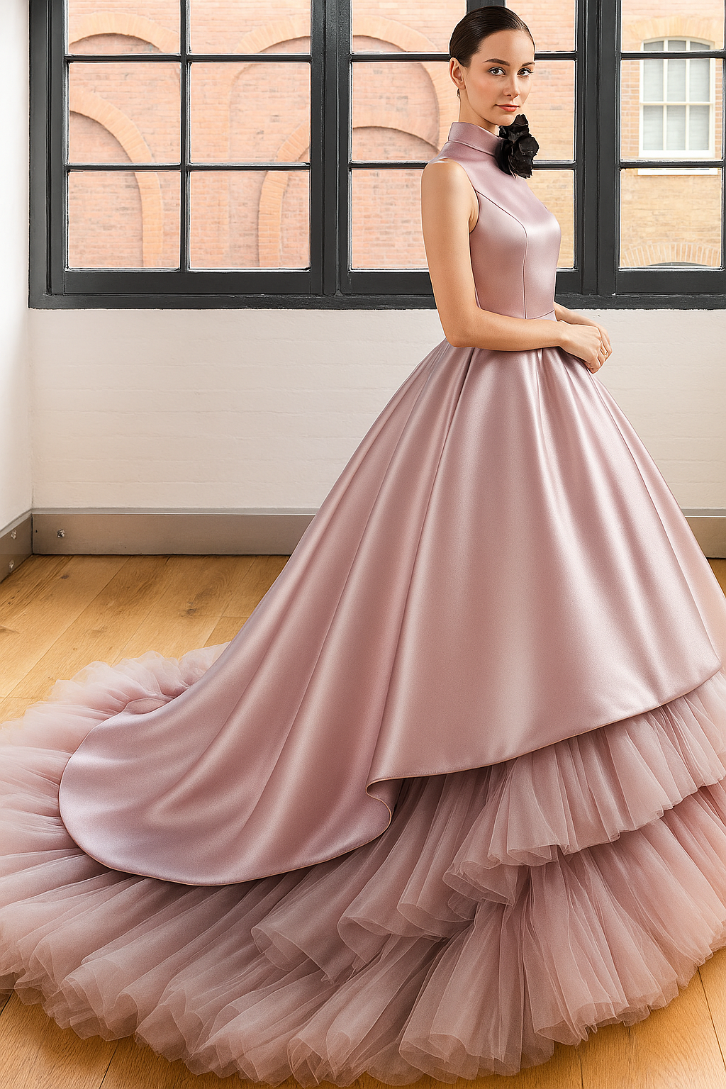 パープルカラードレス　　トレーン　高級サテン　オートクチュール　ふわふわ　披露宴　結婚式