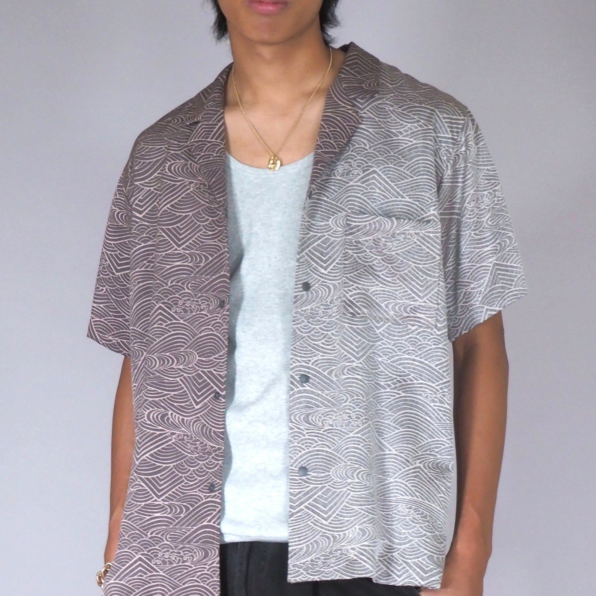 creema価格★着物リメイク メンズシルクシャツ スナップボタン 正絹着物 オープンカラーシャツ  アロハ