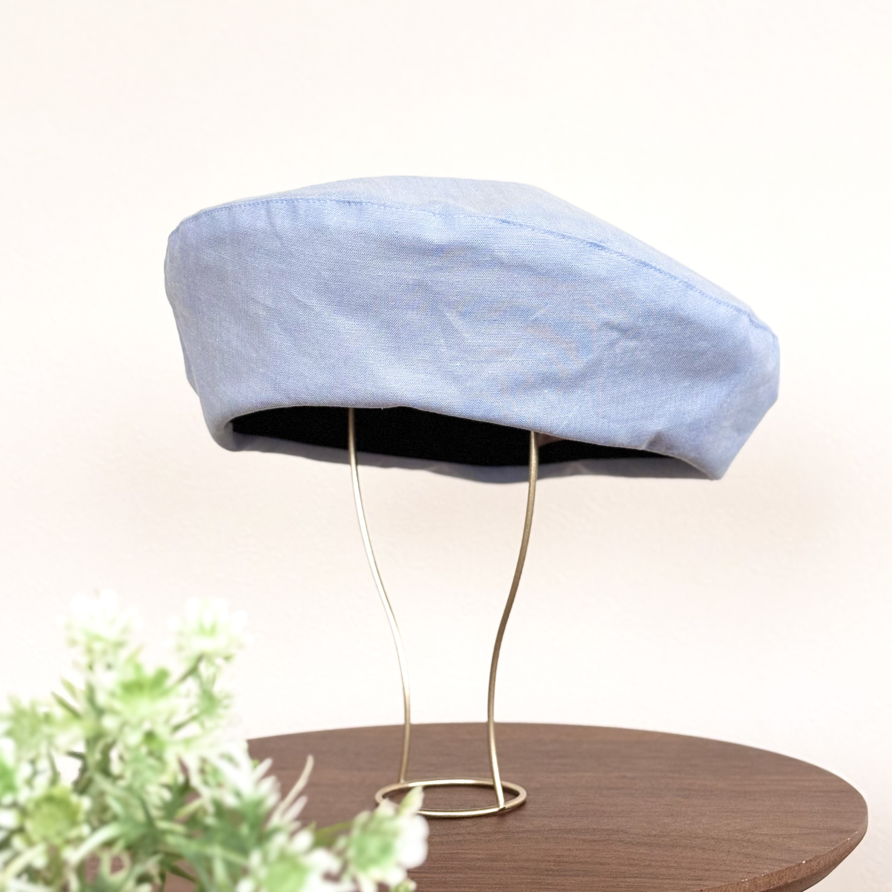 【素材の旅2025日本／播州織×ダブルガーゼのシンプルなベレー帽　ライトブルー　春夏レディース】サイズオーダー大きめ上品