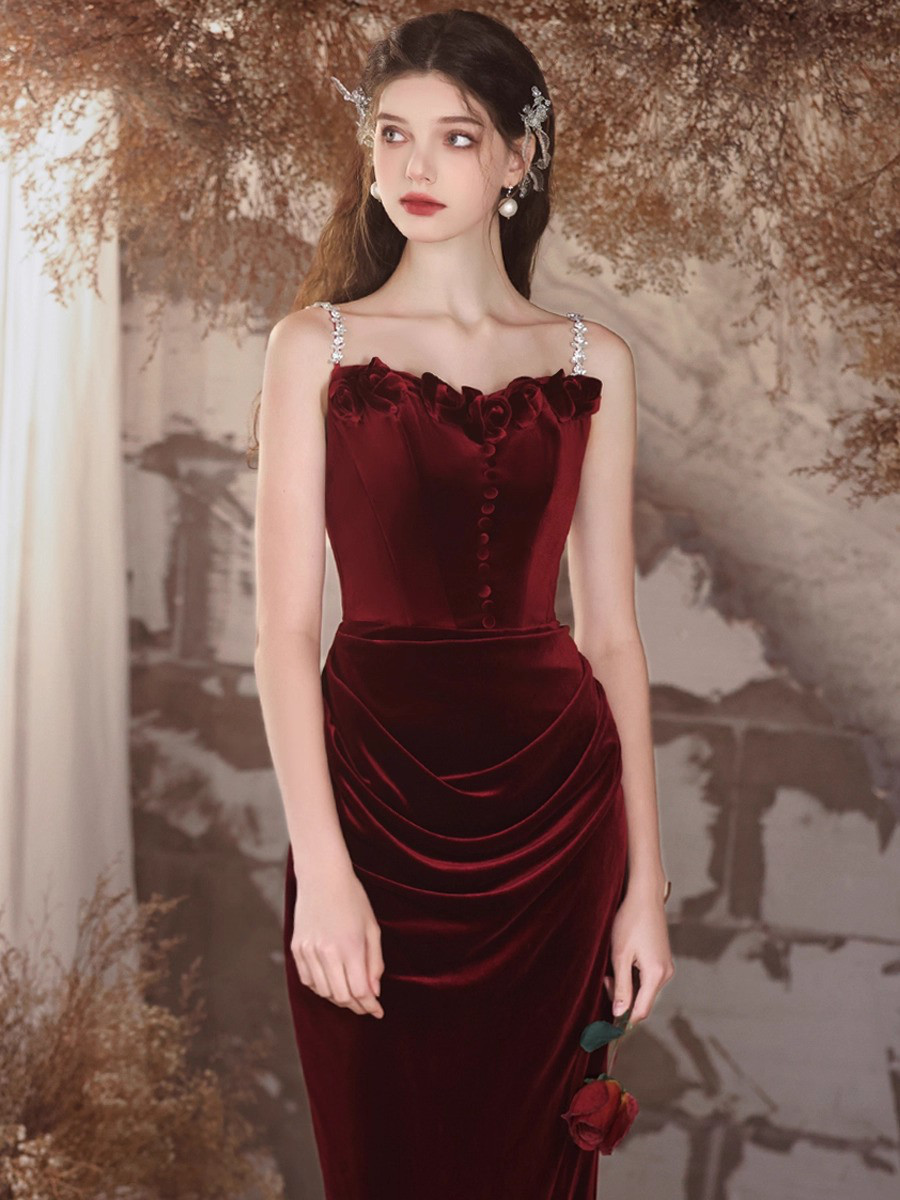 ドレス ウェディングドレス ロングドレス イブニングドレス ベロア 花 ワインレッド 赤 上品 韓国風 結婚式 D035