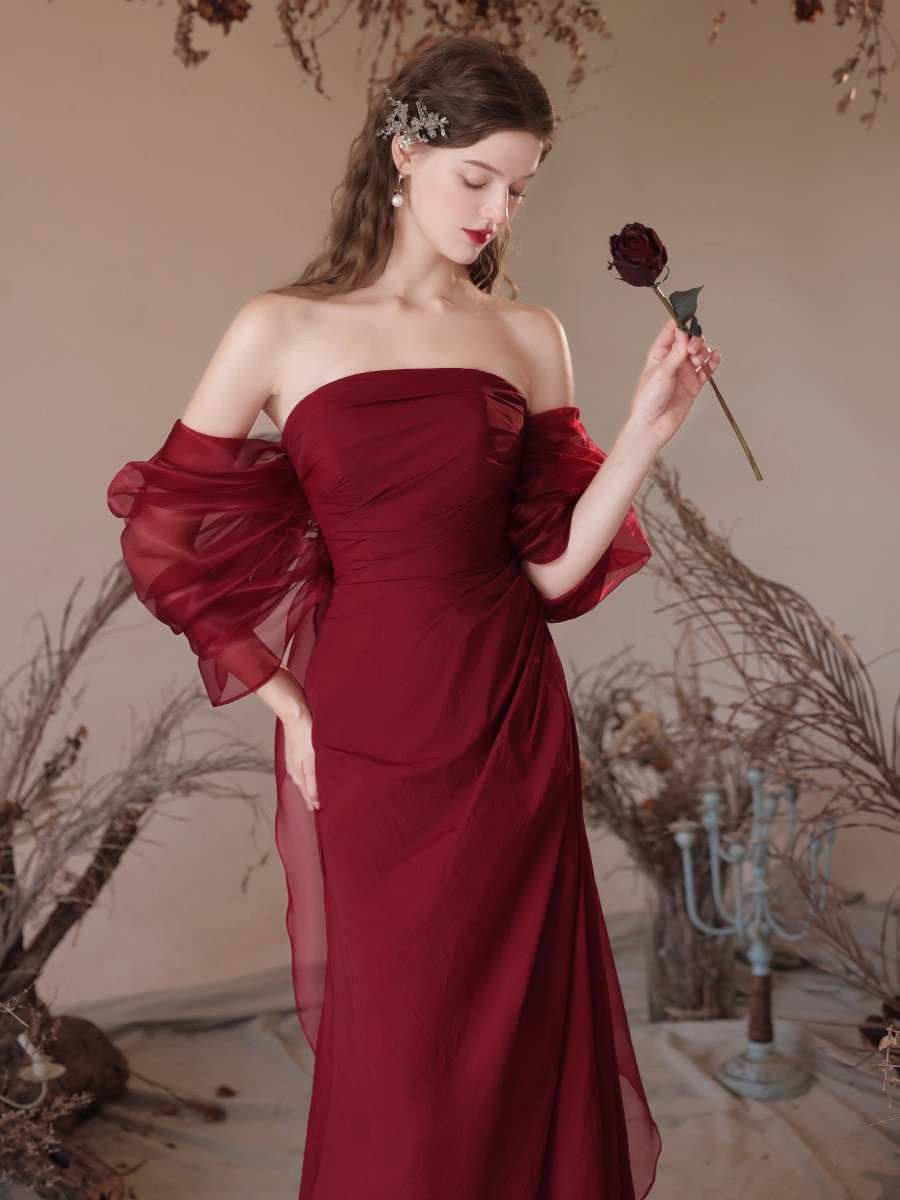 ドレス ウェディングドレス ロングドレス イブニングドレス プリンセス ワインレッド 赤 上品 韓国風 結婚式 D036