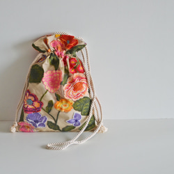 数量限定！チュールフラワー刺繍3way巾着ショルダーバッグ　マルチカラー 4枚目の画像