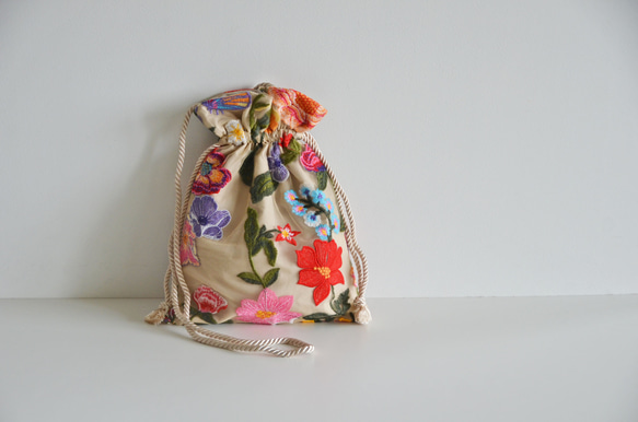 数量限定！チュールフラワー刺繍3way巾着ショルダーバッグ　マルチカラー 14枚目の画像