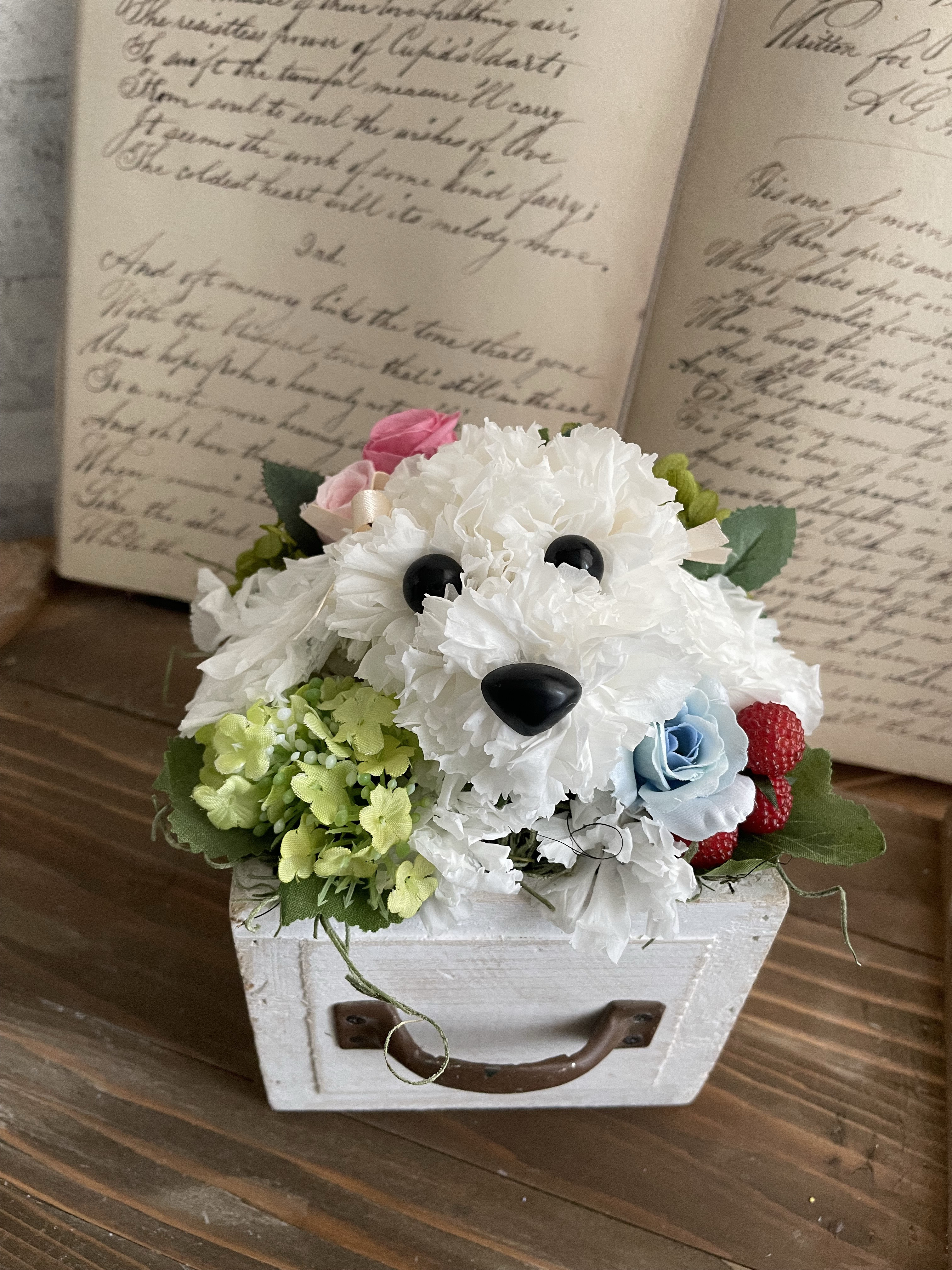 フラワーペット・マルチーズ(カーネーションの犬)白い犬　犬好き　うちの子　プレゼント　贈り物　虹の橋