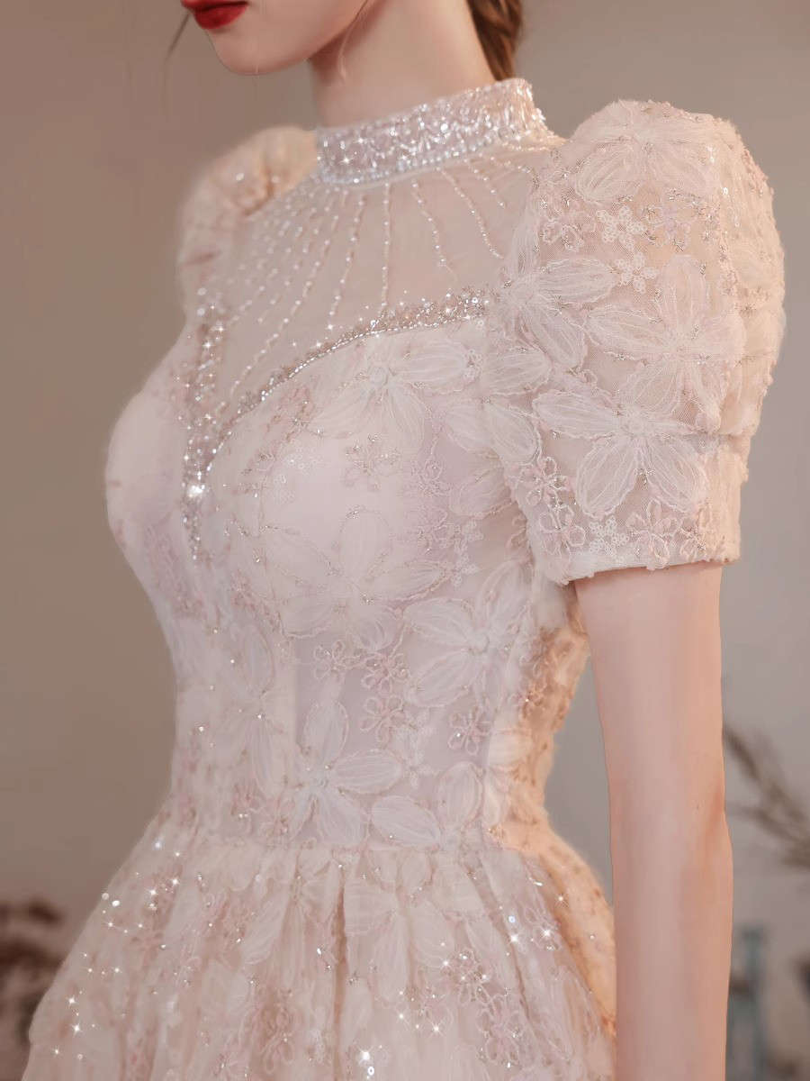 ドレス ウェディングドレス ロングドレス レース プリンセス シャンパンピンク 上品 韓国風 結婚式 前撮り D045