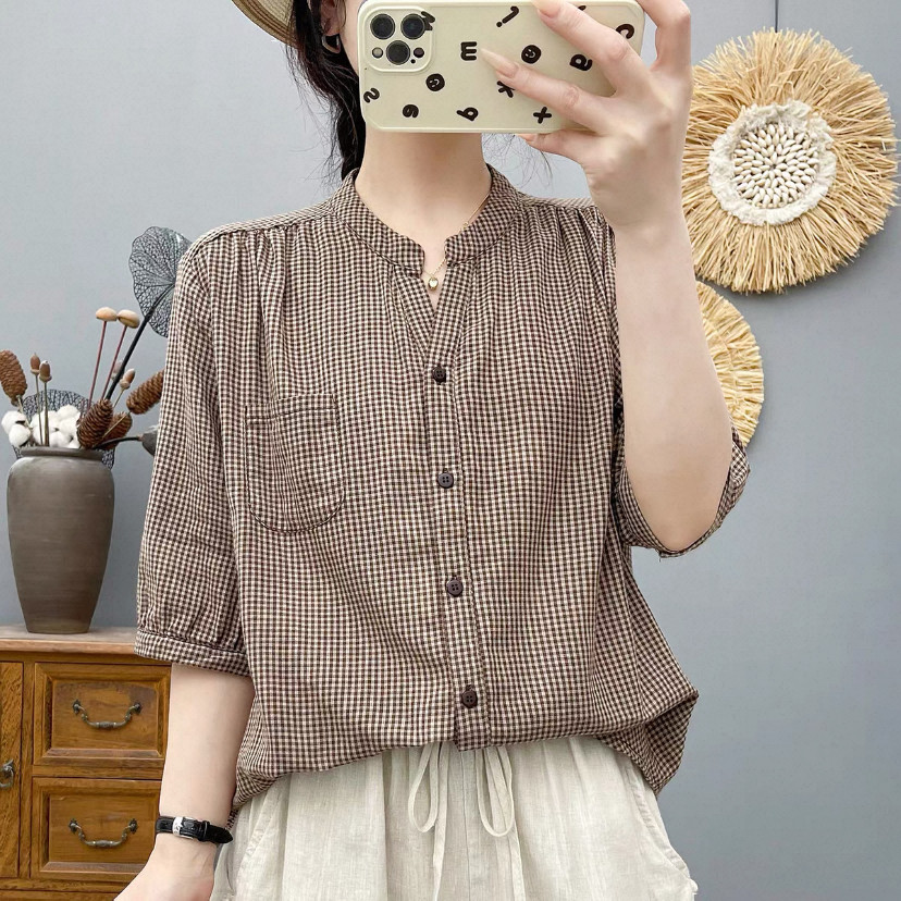 夏・シャツ・コットン100%・トップス・吸汗速乾・チェック柄