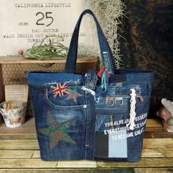 大きなデニムバック　No.524　デニムリメイク　デニムトート　ショルダーバッグ 刺繍デニムバック No.524 デニムリメイク ショルダーバッグ