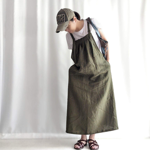 3シーズン活躍！ きれいめ大人カジュアル リネンサロペットスカート