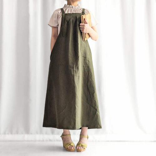 きれいめ大人カジュアル リネンサロペットスカート（アーミーグリーン
